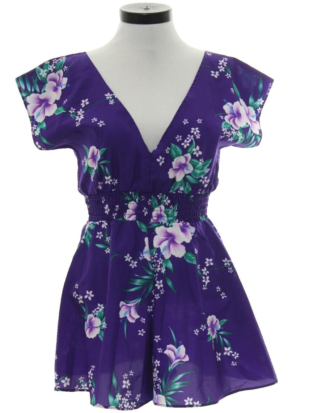 Vintage 80s Purple Hawaiian Floral Romper Sunsuit Womens Small